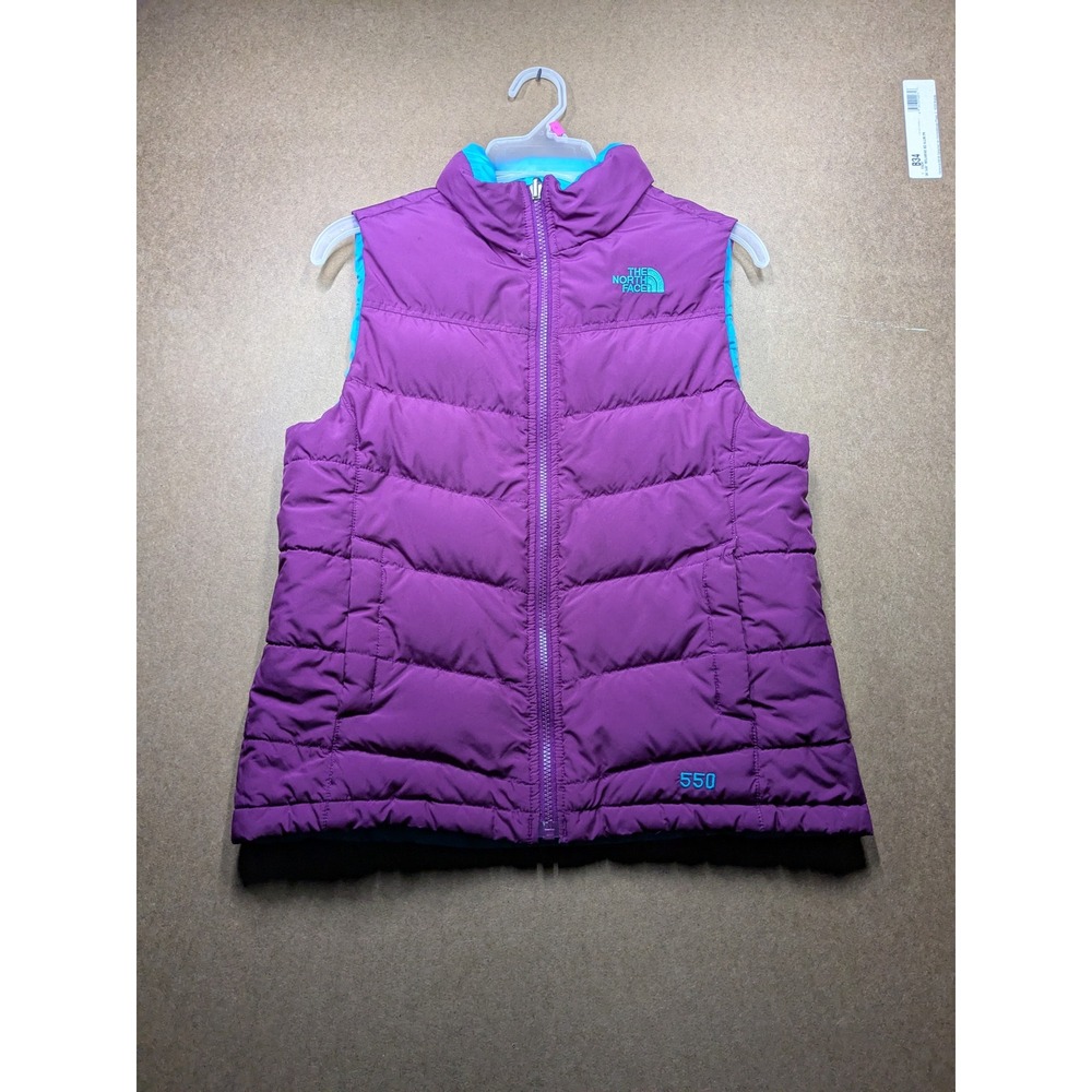 The North Face Girls Purple 550 Down Puffer Vest Size L 14/16 Turquoise Lining